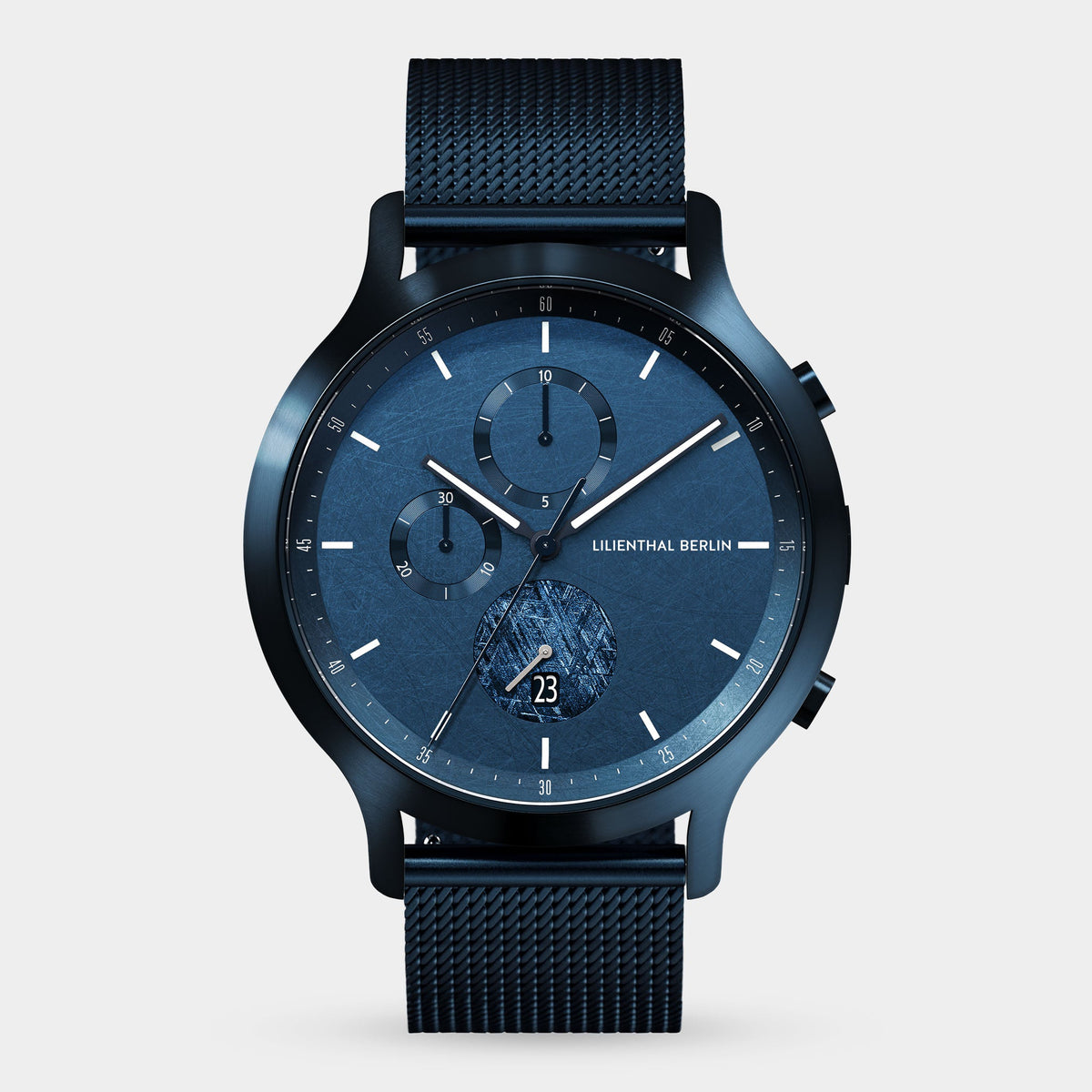 Lilienthal Berlin Chronograph Meteorite Ii Mesh Blue Brushed Ndash Lilienthal Berlin North America — Meteorite As Seconds Hand, Special Coating, Superluminova El