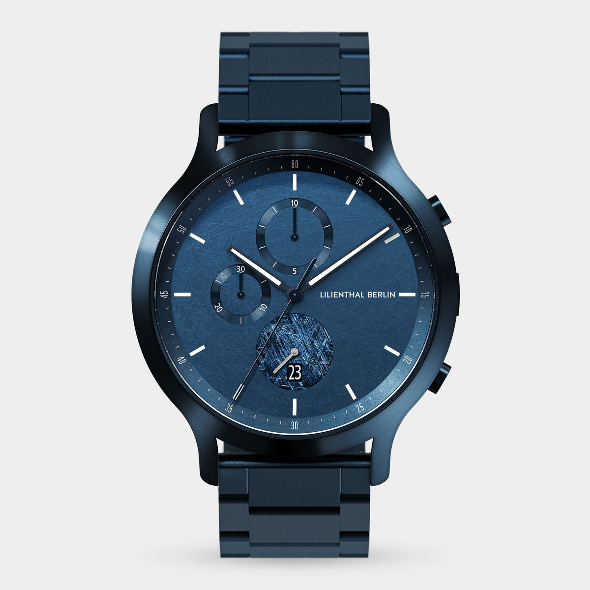 Lilienthal Berlin Chronograph Meteorite Ii Stainless Steel Blue Brushed Ndash Lilienthal Berlin North America — Meteorite As Seconds Hand, Special Coating, Superluminova El