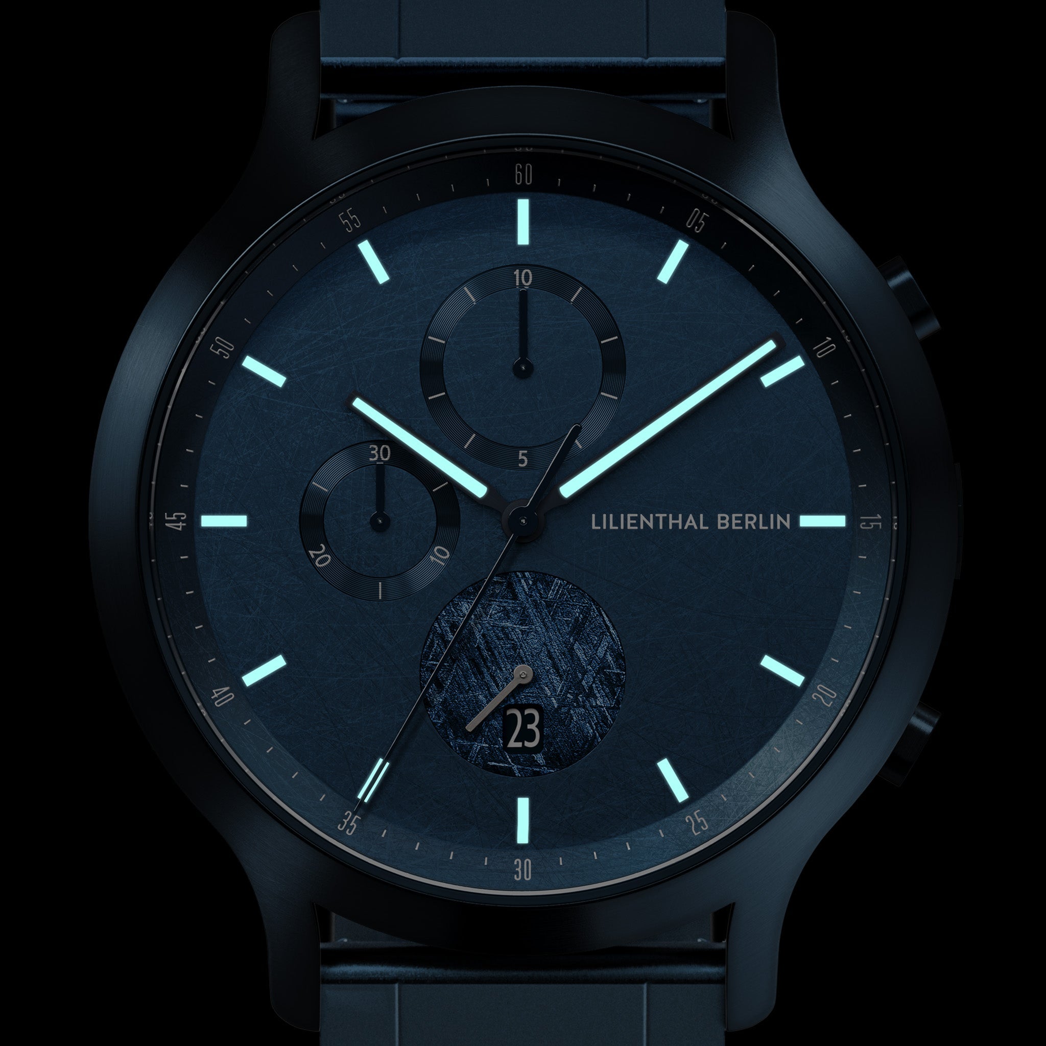 ハルリンドウ　1212 Chronograph Meteorite II Stainless steel Blue Brushed – Lilienthal