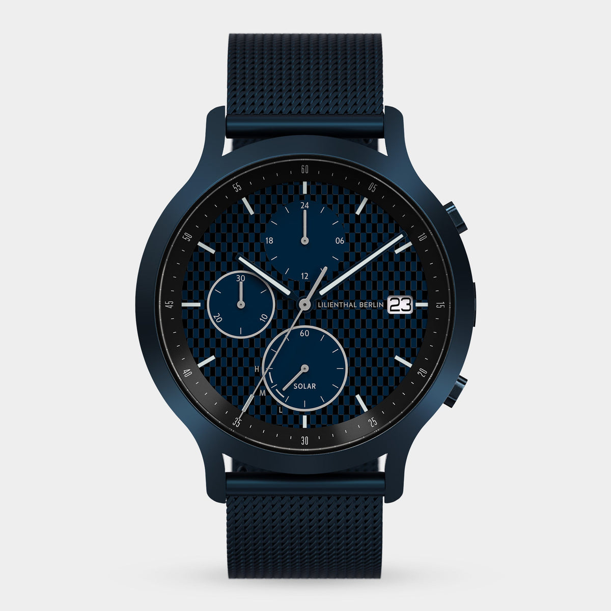 Lilienthal Berlin Chronograph Limited Edition Solar Ii Mesh Blue Matte Ndash Lilienthal Berlin North America — With Solar Cell and Superluminova Details
