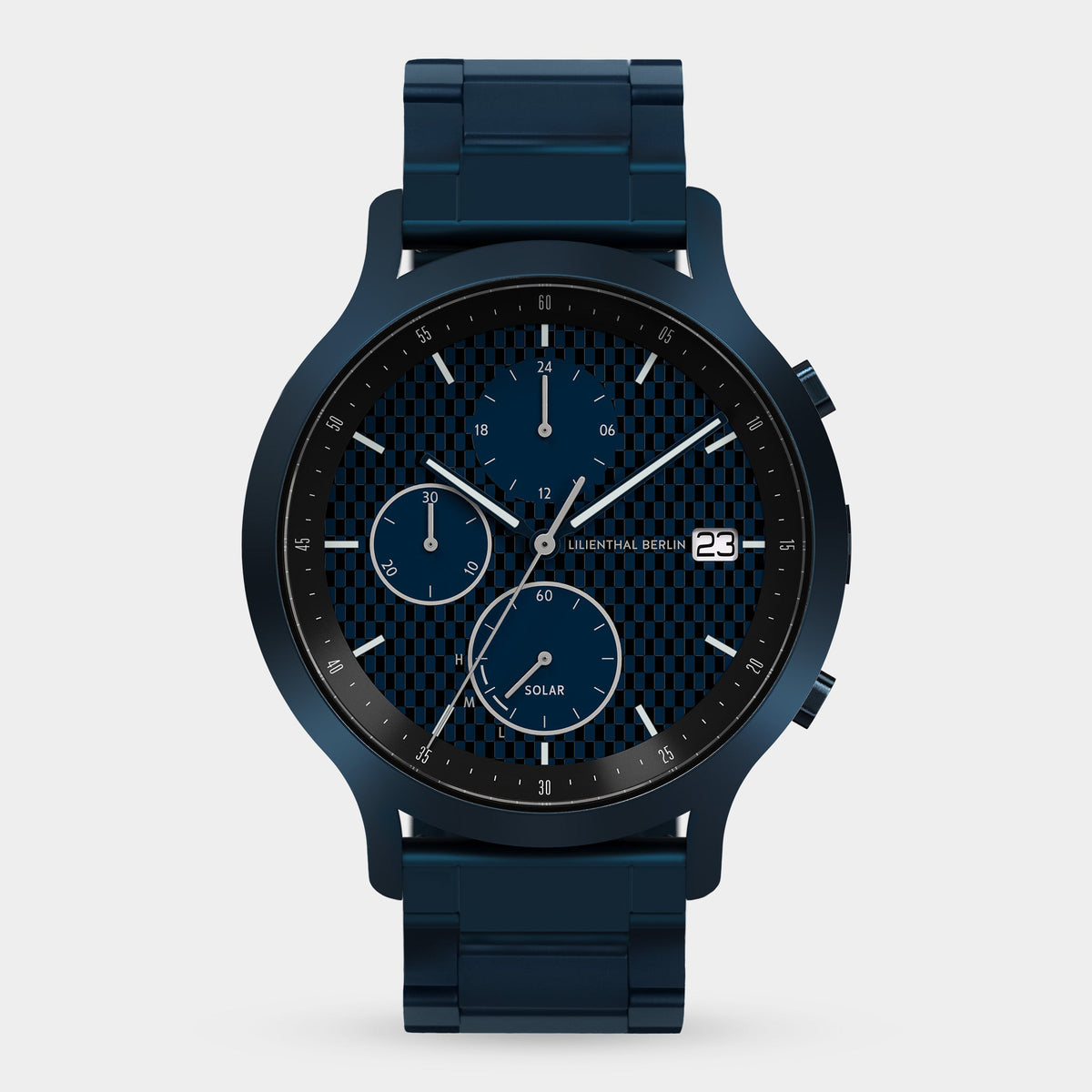 Lilienthal Berlin Chronograph Limited Edition Solar Ii Stainless Steel Blue Matte Ndash Lilienthal Berlin North America — With Solar Cell and Superluminova Details