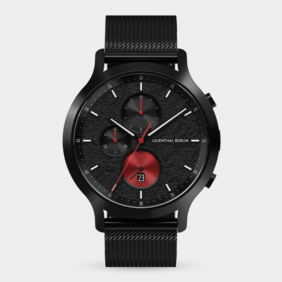 Lilienthal Berlin Chronograph Limited Edition Volcano I Mesh Black Brushed Ndash Lilienthal Berlin North America — Lava-like Structure, Metallic Effects, Superluminova Element