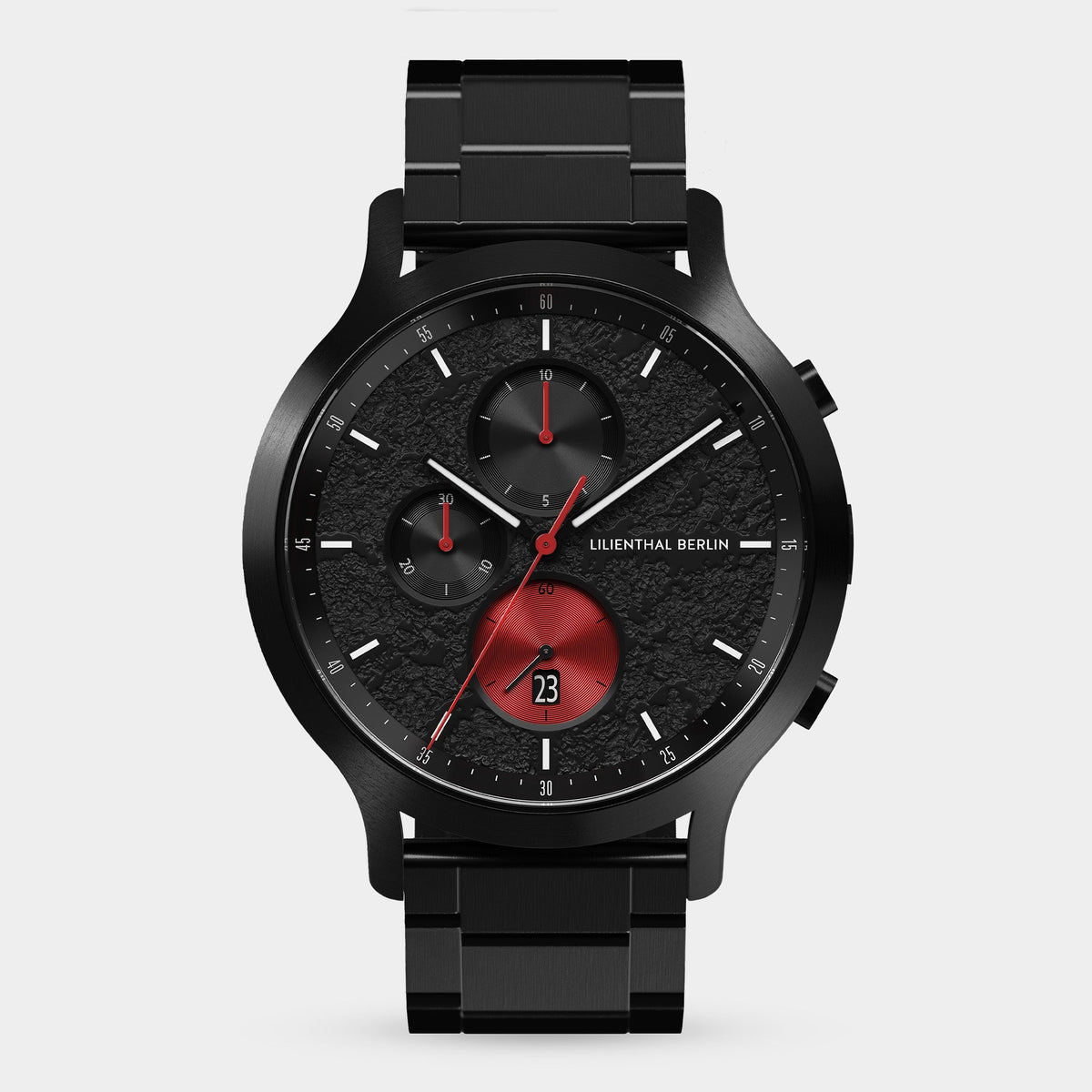 Lilienthal Berlin Chronograph Limited Edition Volcano I Stainless Steel Black Brushed Ndash Lilienthal Berlin North America — Lava-like Structure, Metallic Effects, Superluminova Element