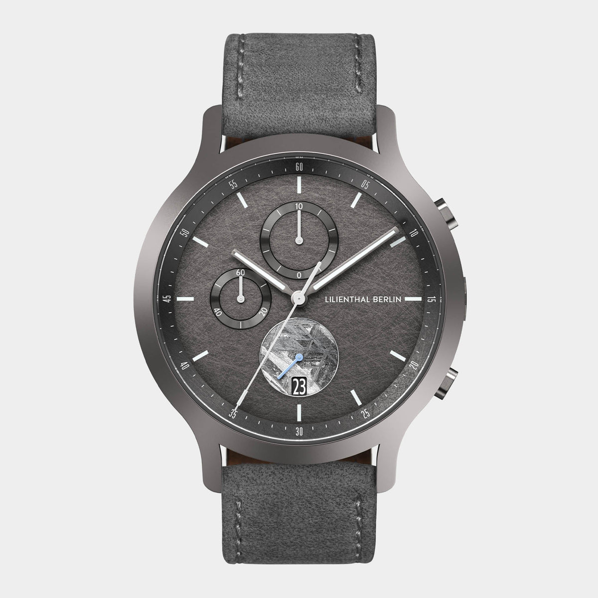 Lilienthal Berlin Chronograph Meteorite Cosmic Gray Leather Gray Ndash Lilienthal Berlin North America — Meteorite As Seconds Hand, Special Coating, Superluminova El