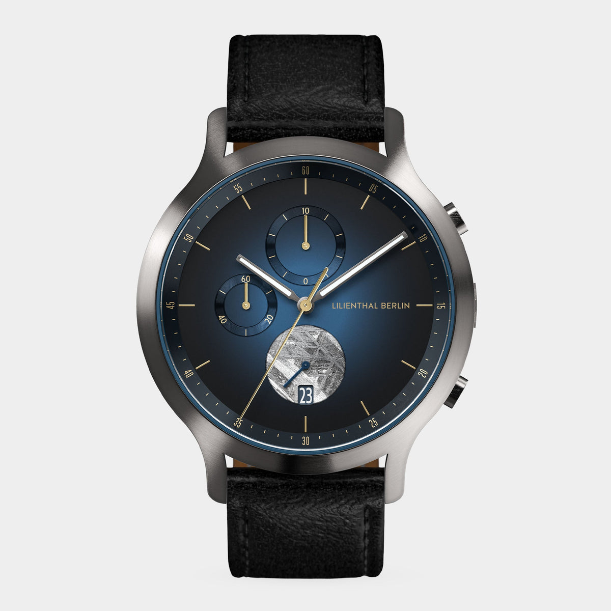 Lilienthal Berlin Chronograph Meteorite Midnight Gold Leather Black Ndash Lilienthal Berlin North America — Meteorite As Seconds Hand, Special Coating, Superluminova El