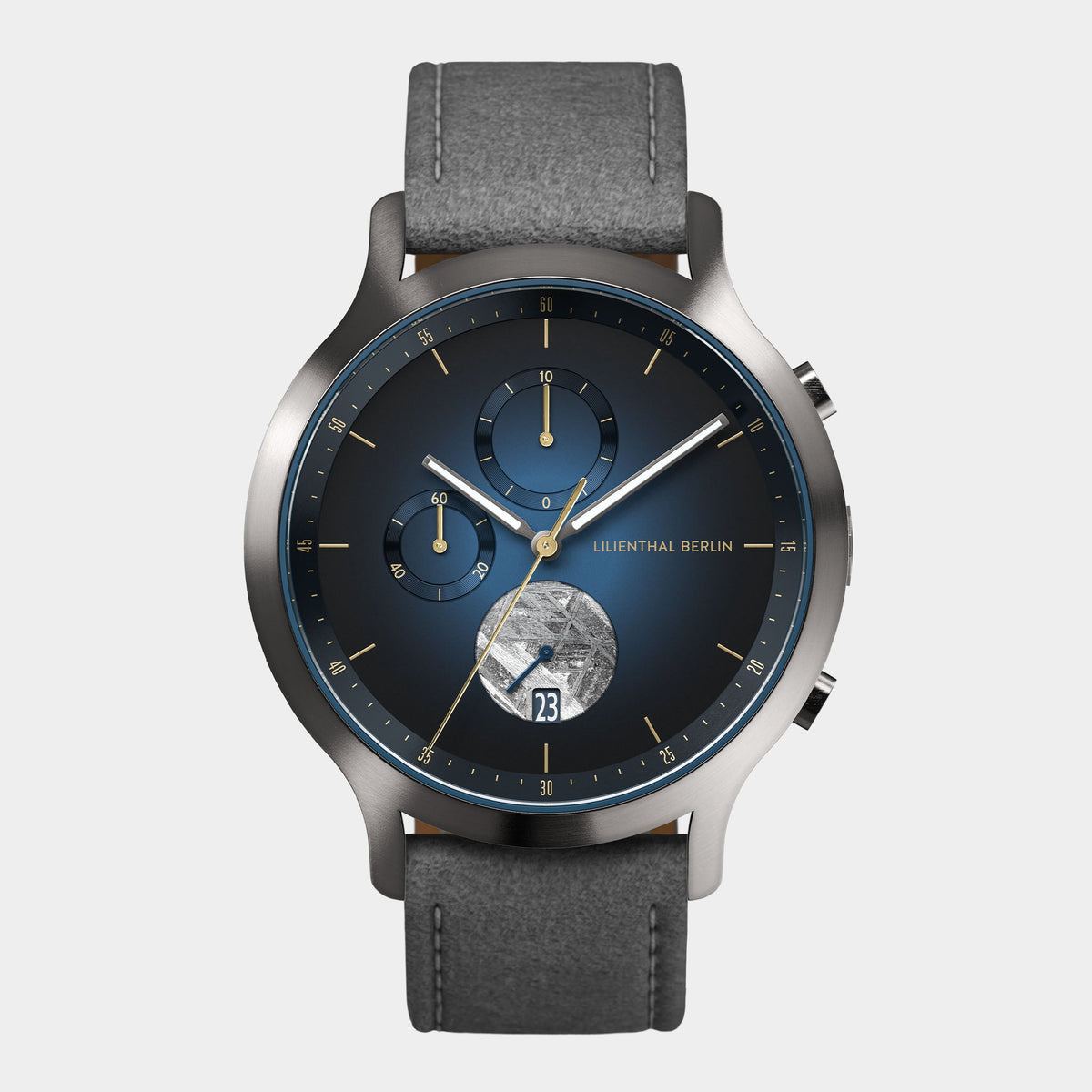 Lilienthal Berlin Chronograph Meteorite Midnight Gold Leather Gray Ndash Lilienthal Berlin North America — Meteorite As Seconds Hand, Special Coating, Superluminova El