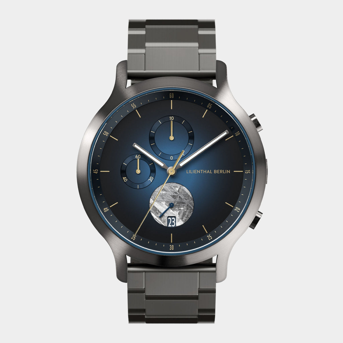 Lilienthal Berlin Chronograph Meteorite Midnight Gold Stainless Steel Gray Ndash Lilienthal Berlin North America — Meteorite As Seconds Hand, Special Coating, Superluminova El