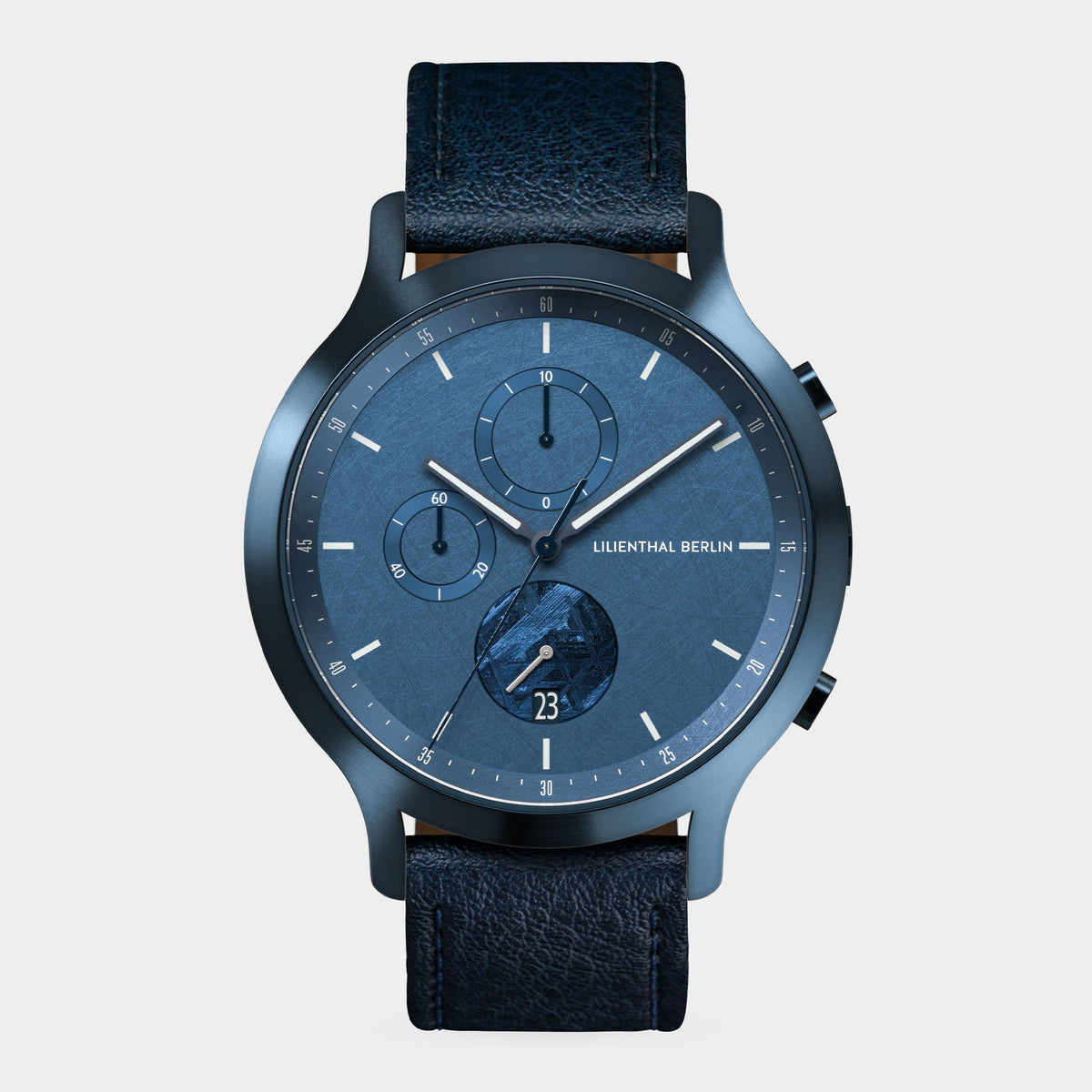 Lilienthal Berlin Chronograph Meteorite Stellar Blue Leather Blue Ndash Lilienthal Berlin North America — Meteorite As Seconds Hand, Special Coating, Superluminova El