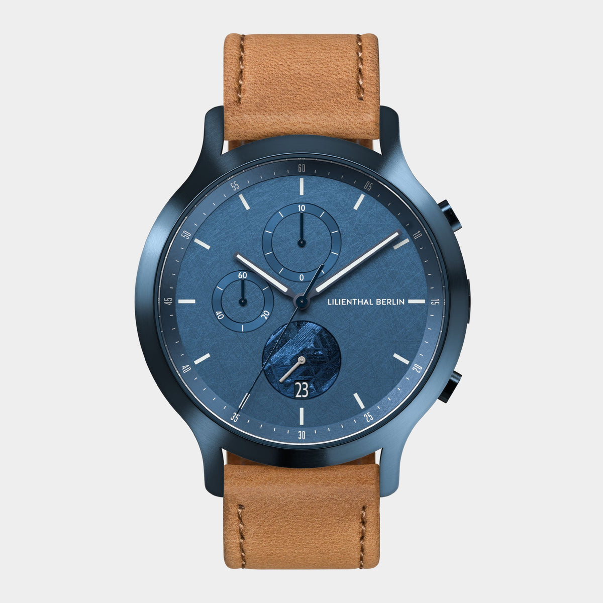 Lilienthal Berlin Chronograph Meteorite Stellar Blue Leather Light Brown Ndash Lilienthal Berlin North America — Meteorite As Seconds Hand, Special Coating, Superluminova El