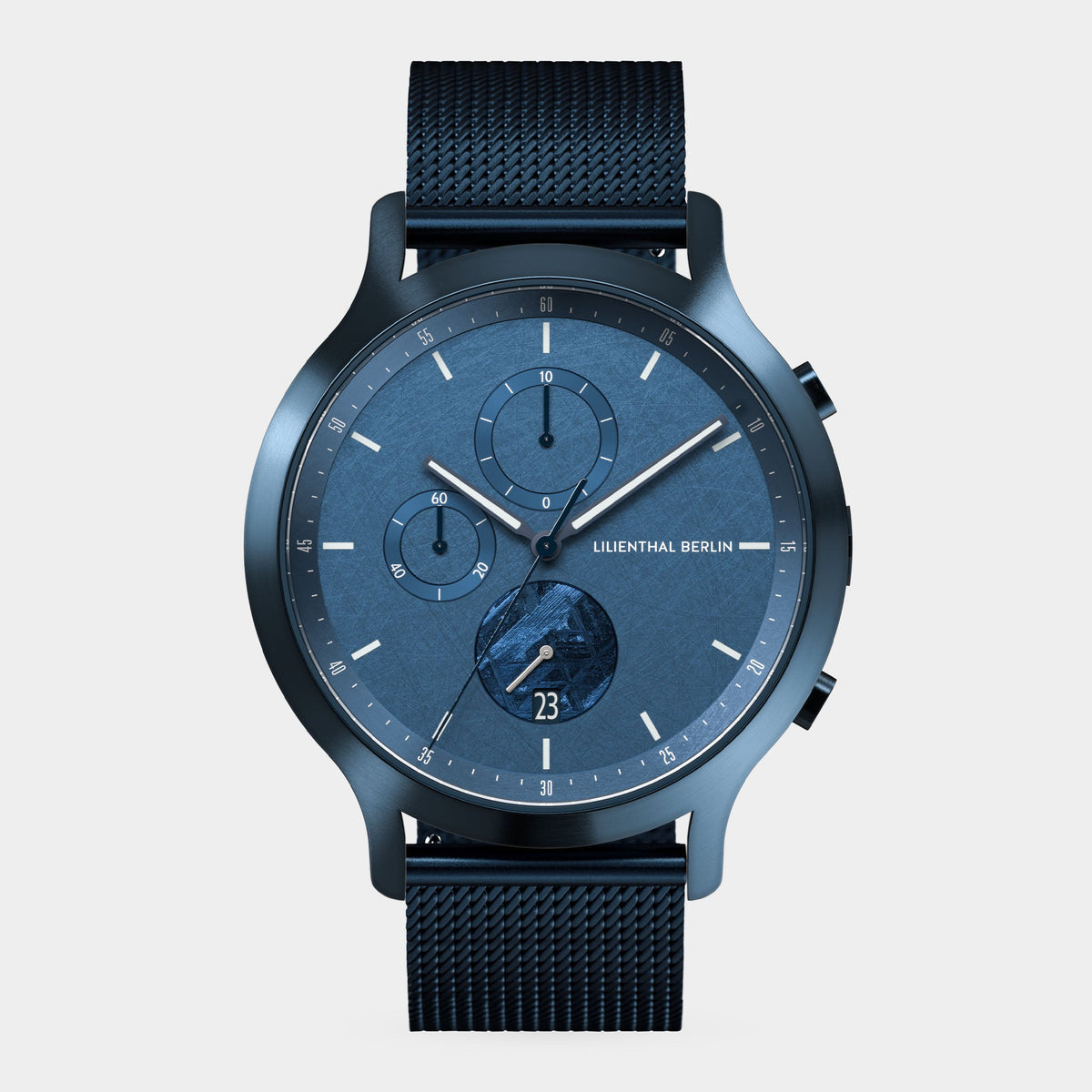 Lilienthal Berlin Chronograph Meteorite Stellar Blue Mesh Blue Ndash Lilienthal Berlin North America — Meteorite As Seconds Hand, Special Coating, Superluminova El