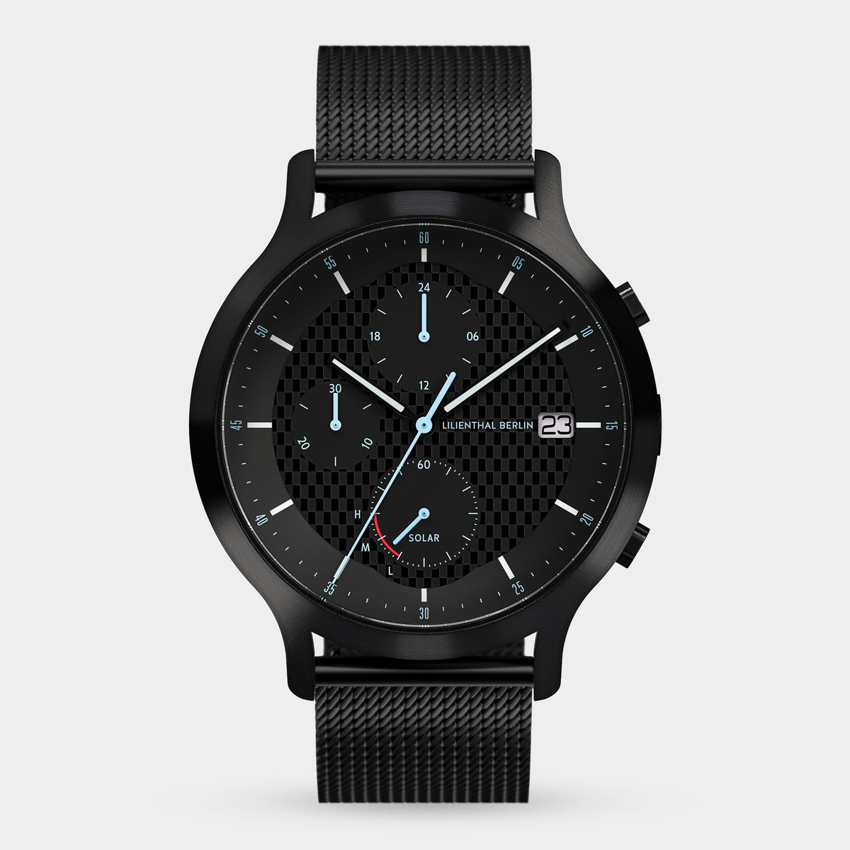 Lilienthal Berlin Chronograph Solar I Mesh Black Brushed Ndash Lilienthal Berlin North America — With Solar Cell and Superluminova Details