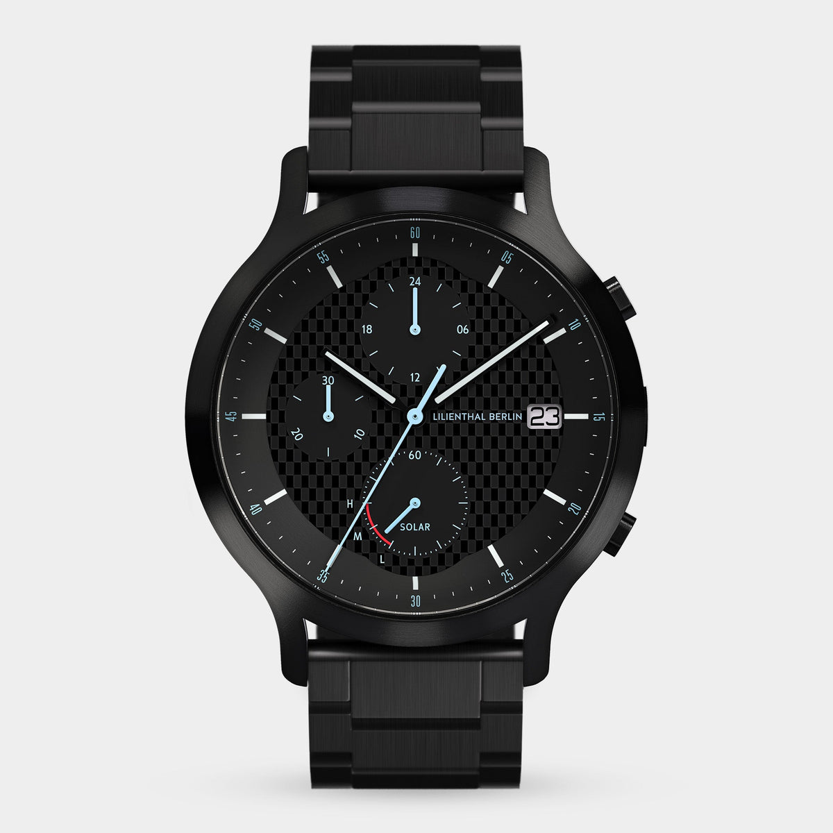 Lilienthal Berlin Chronograph Solar I Stainless Steel Black Brushed Ndash Lilienthal Berlin North America — With Solar Cell and Superluminova Details