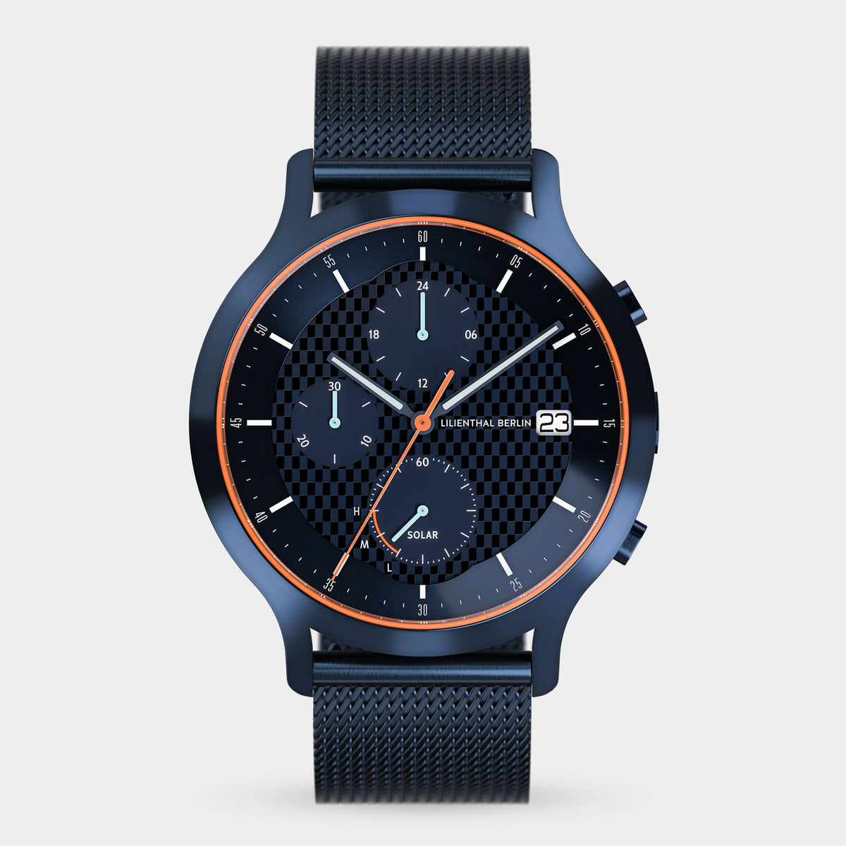 Lilienthal Berlin Chronograph Solar Iv Mesh Blue Brushed Ndash Lilienthal Berlin North America — With Solar Cell and Superluminova Details