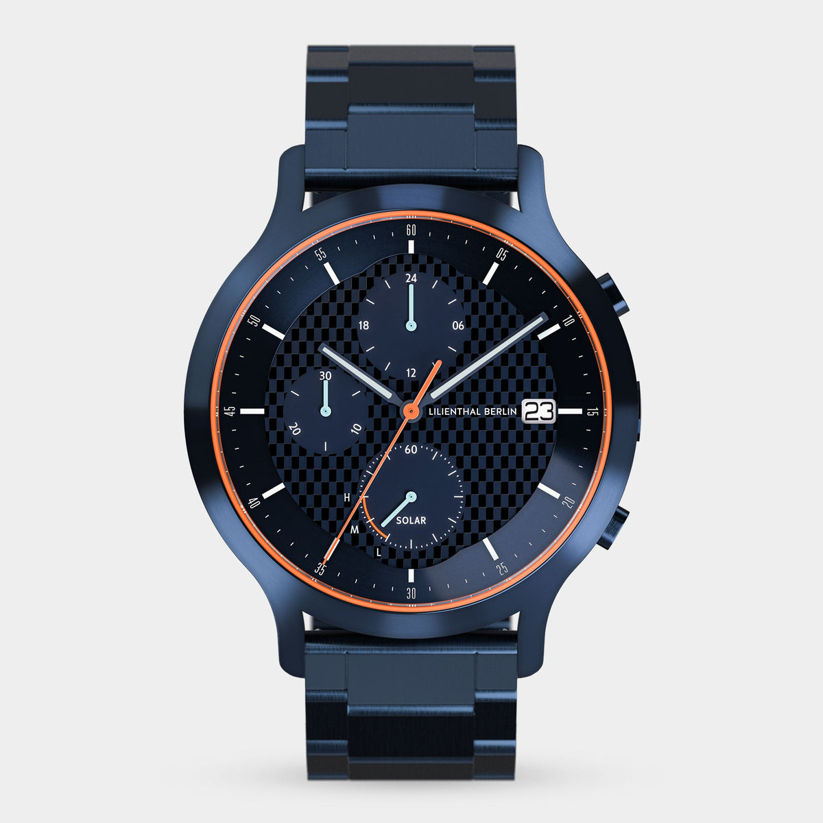 Lilienthal Berlin Chronograph Solar Iv Stainless Steel Blue Brushed Ndash Lilienthal Berlin North America — With Solar Cell and Superluminova Details