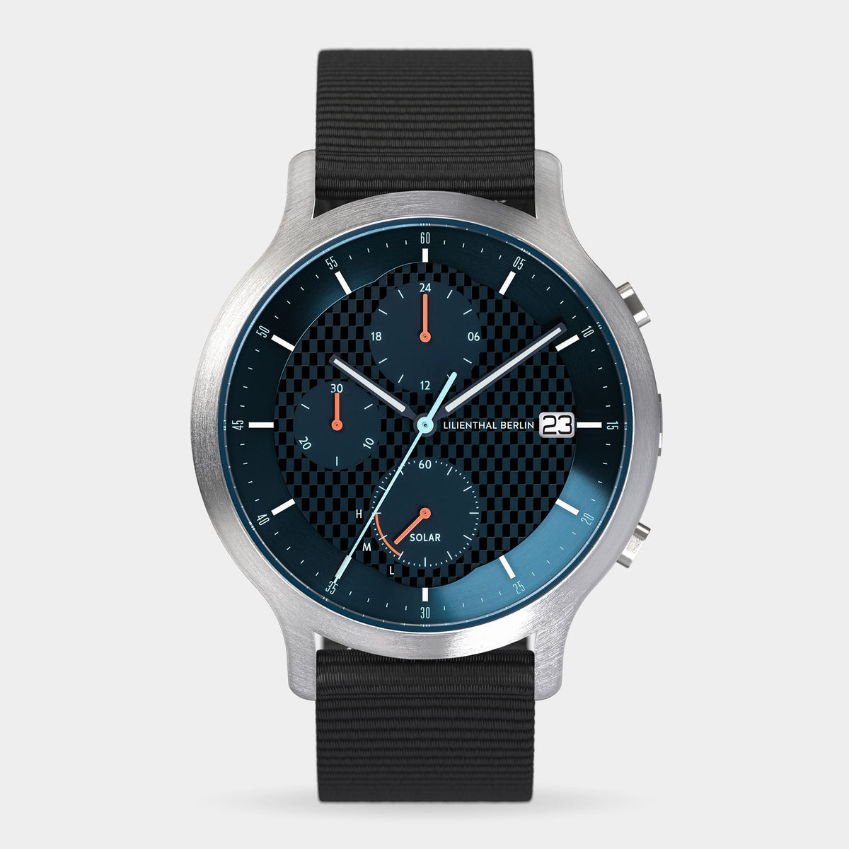 Lilienthal Berlin Chronograph Solar V Textile Black Ndash Lilienthal Berlin North America — With Solar Cell and Superluminova Details