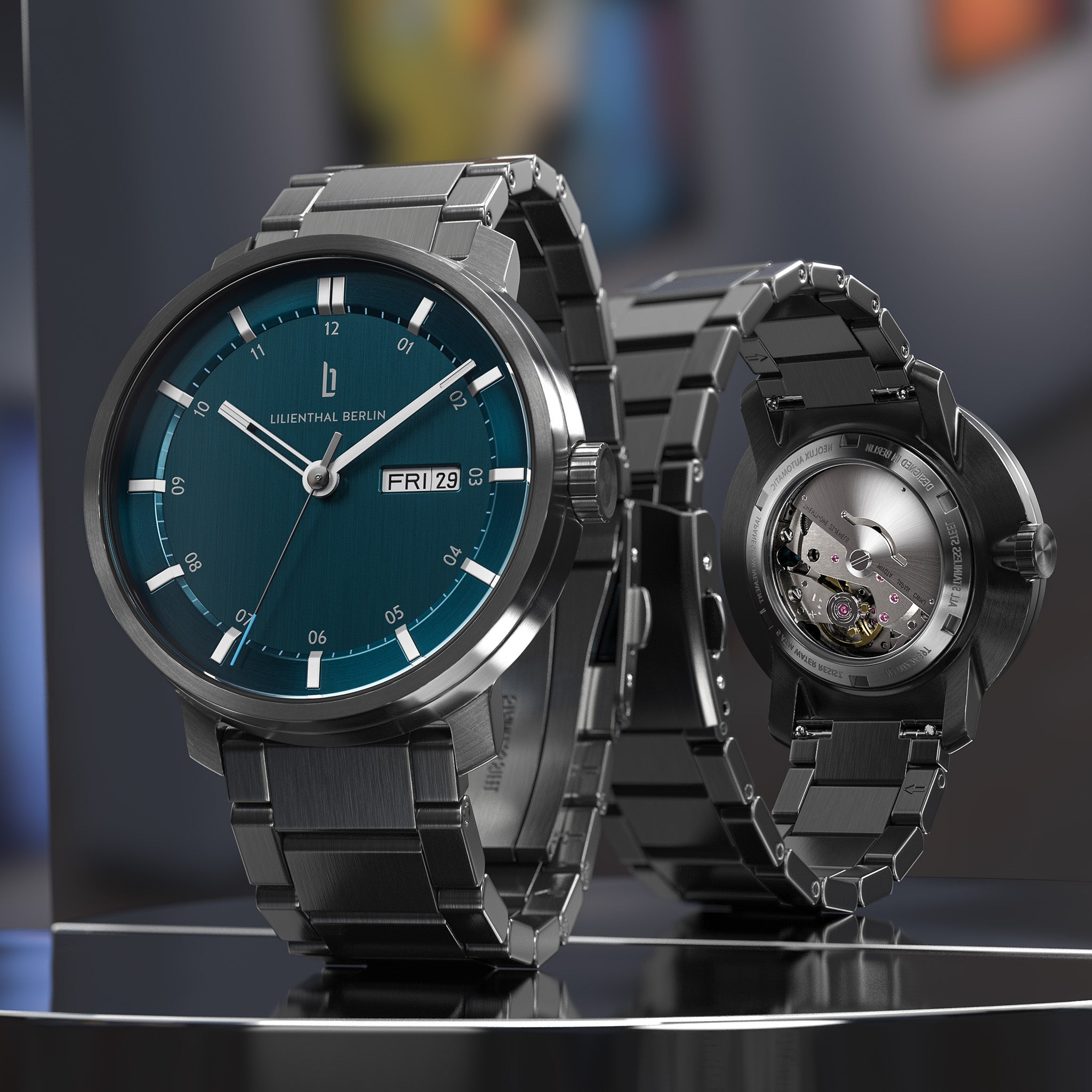 Neolux Day Date Dark Silver Blue Stainless steel Anthracite