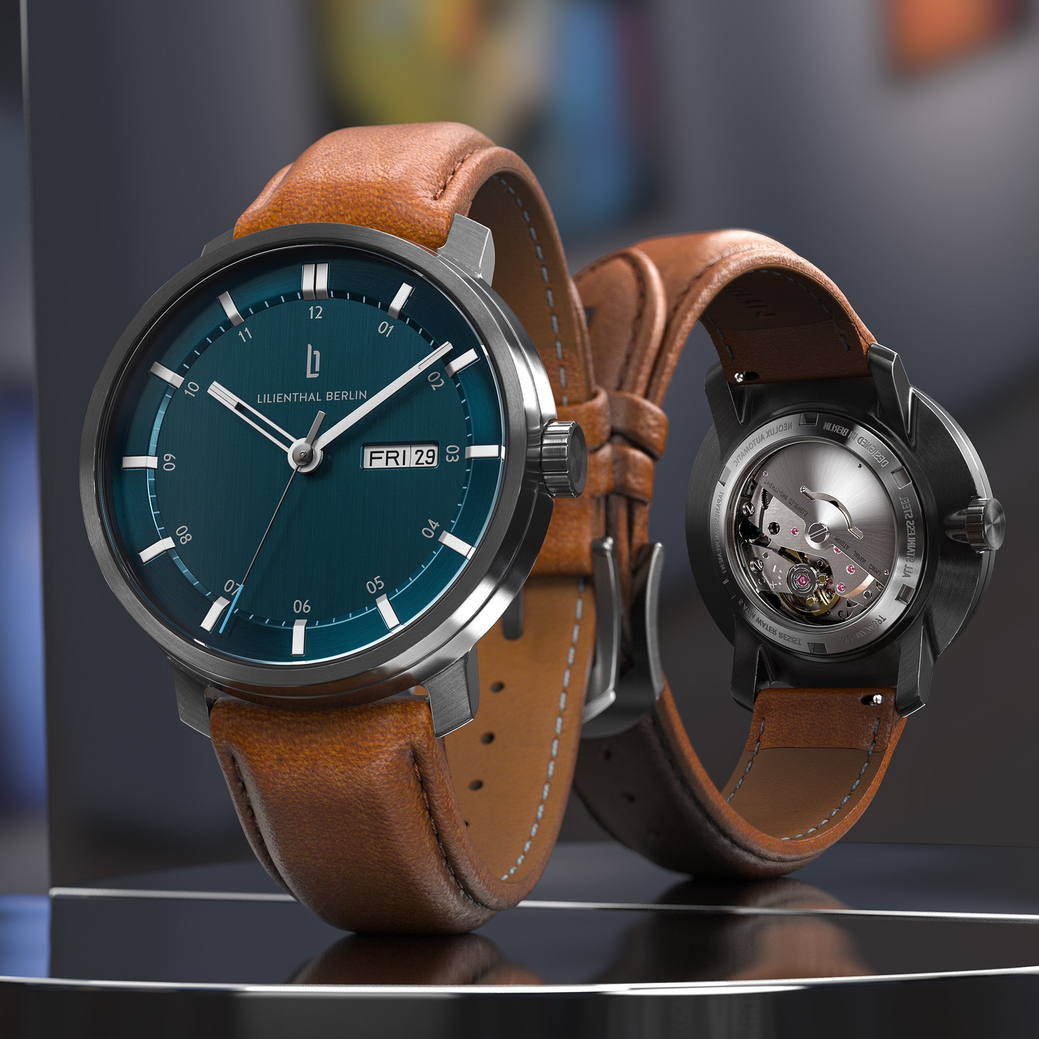 Neolux Day Date Dark Silver Blue Leather Light brown – Lilienthal