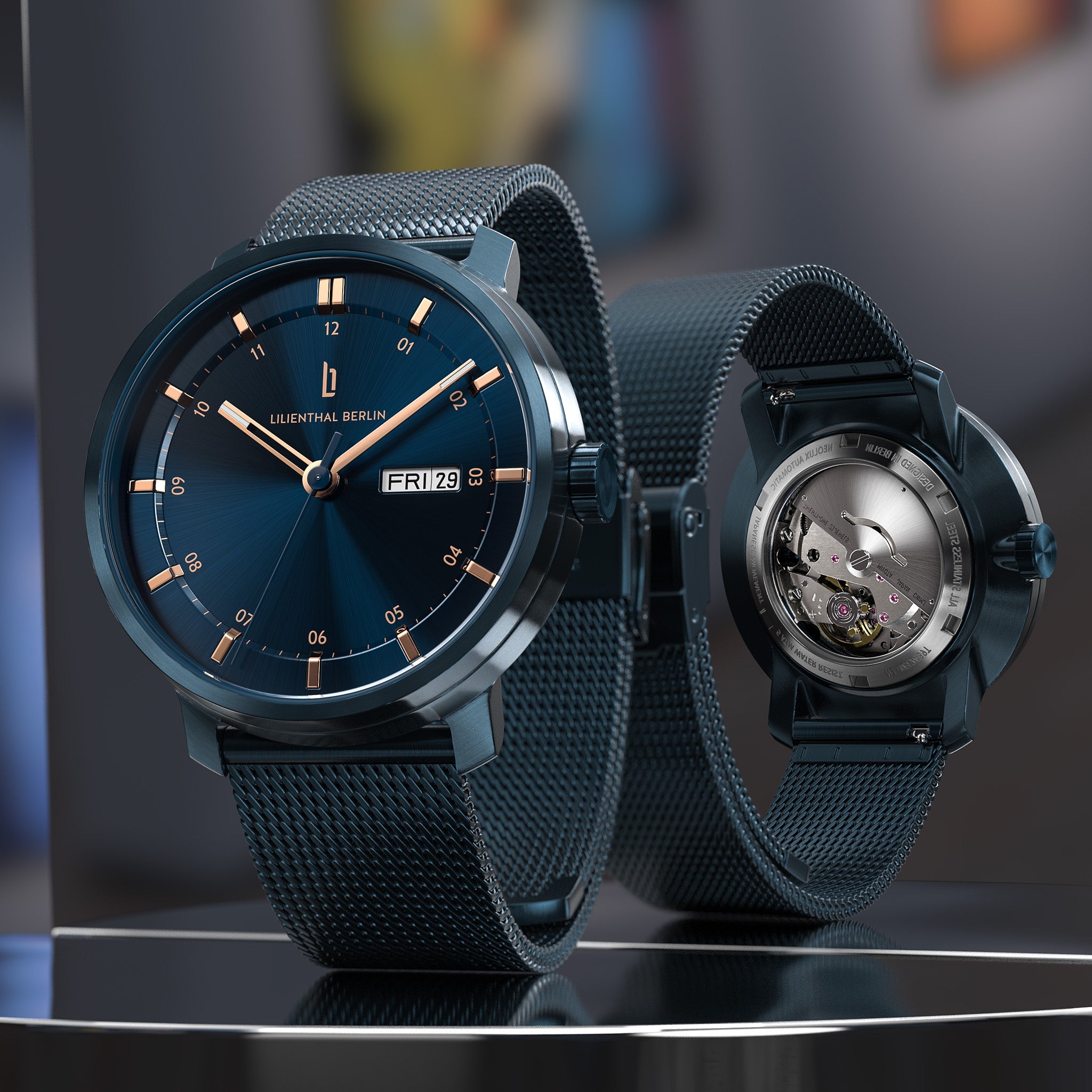 Neolux Day Date Blue Rose Gold Mesh Blue Brushed – Lilienthal