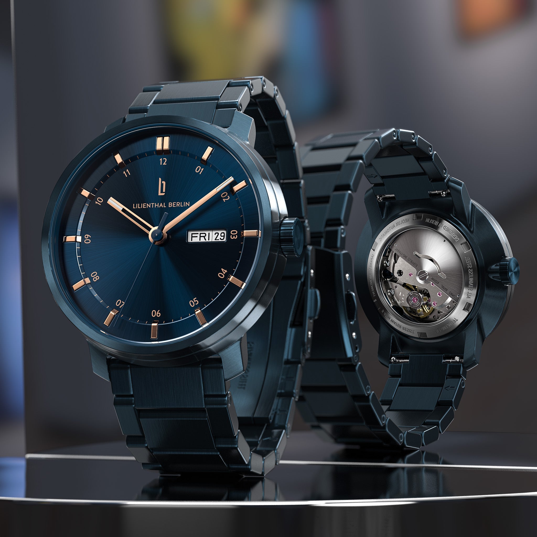 Neolux Day Date Blue Rose Gold Stainless steel Blue Brushed