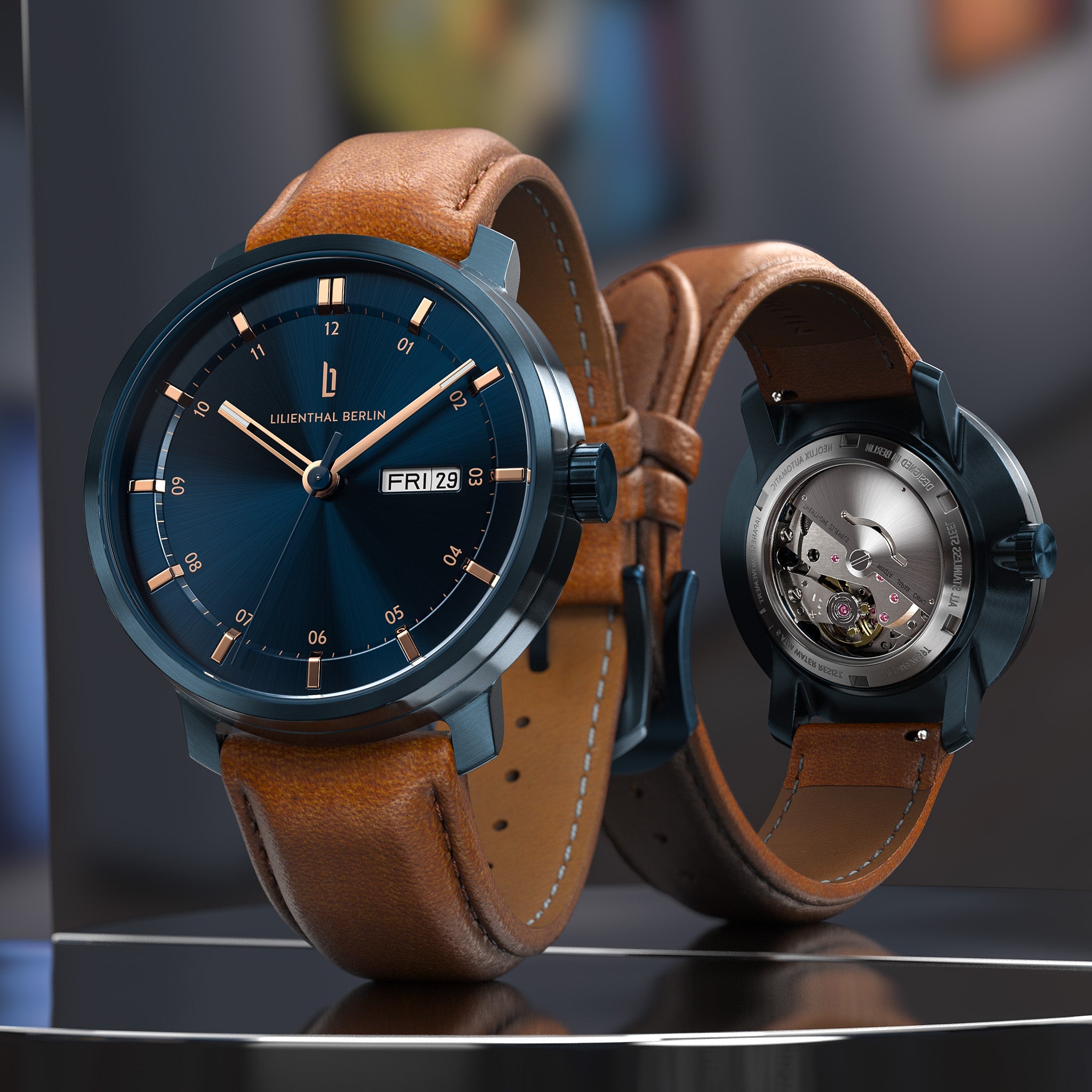 Neolux Day Date Blue Rose Gold Leather Light brown – Lilienthal