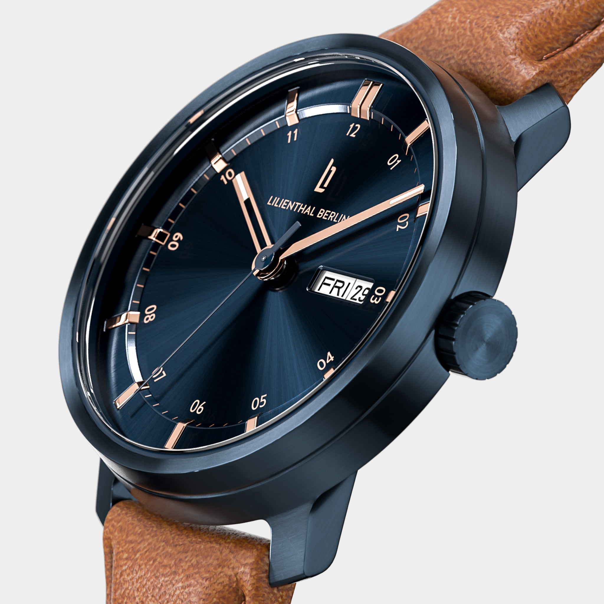 Neolux Day Date Blue Rose Gold Leather Light brown – Lilienthal