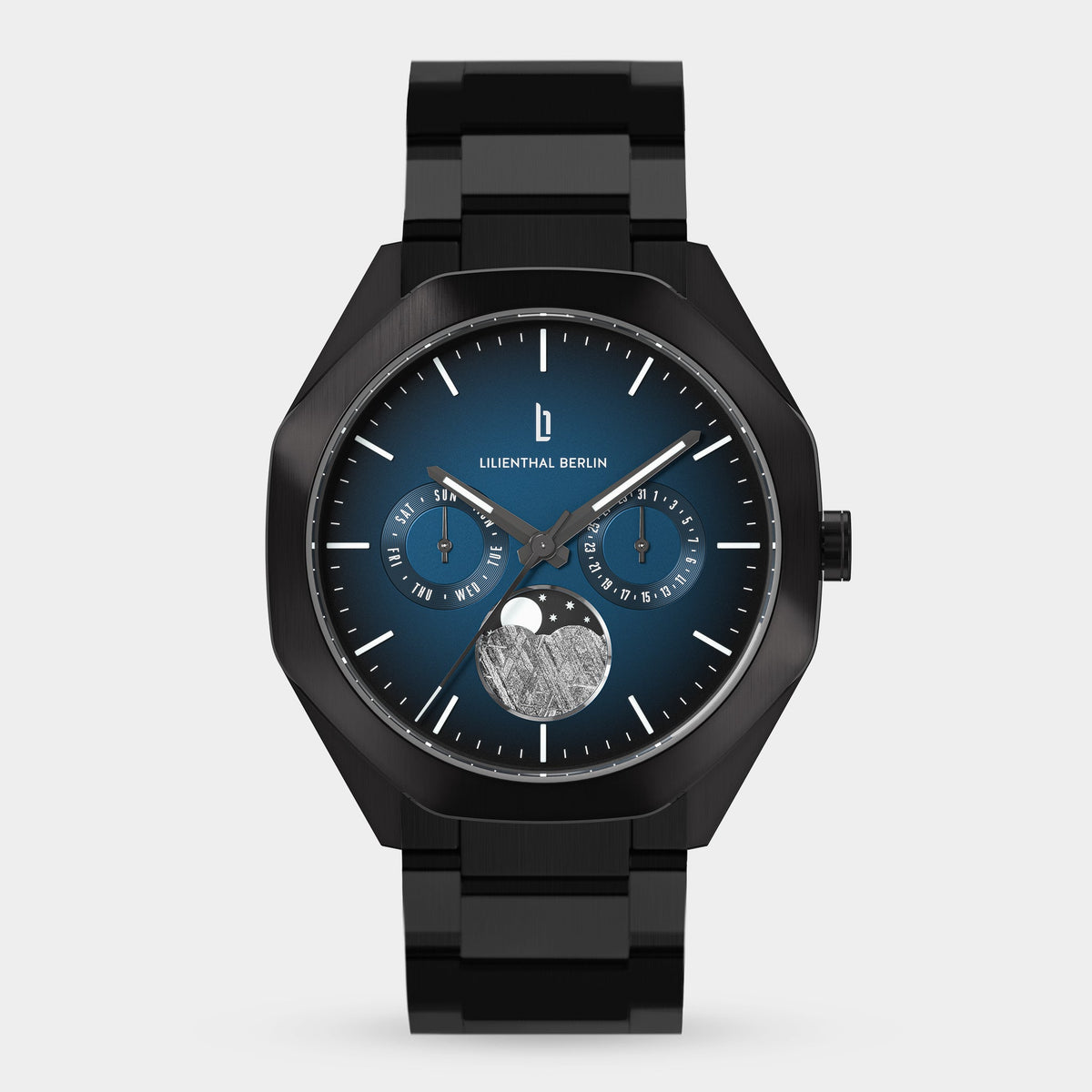 Lilienthal Berlin Octamoon Meteorite Iv Stainless Steel Black Brushed Ndash Lilienthal Berlin North America — Meteorite Inlay, Applied Indices, Superluminova Hands